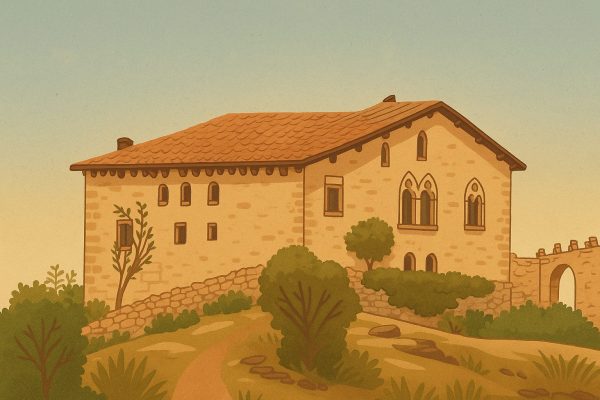 Ilustración digital del Castillo-Palacio de Herbés, antiguo palacio fortificado del siglo XIV en Los Puertos de Morella, Castellón.