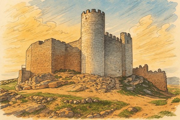 Ilustración artística del castillo templario de Xivert en Alcalà de Xivert, sobre una colina al atardecer.