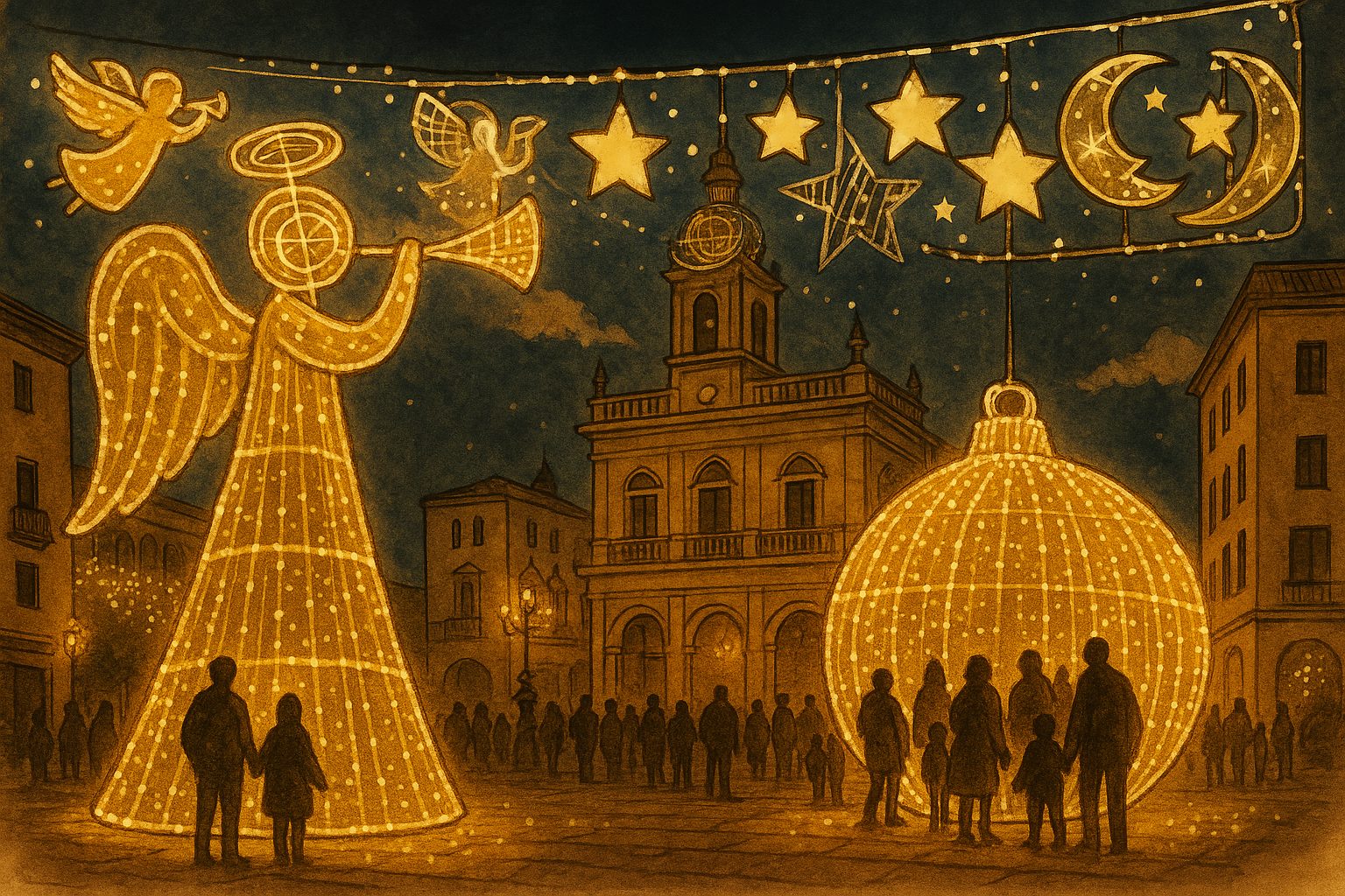 Ilustración del encendido de luces de Navidad en Castellón, con ángeles luminosos y decoración festiva en la plaza Mayor