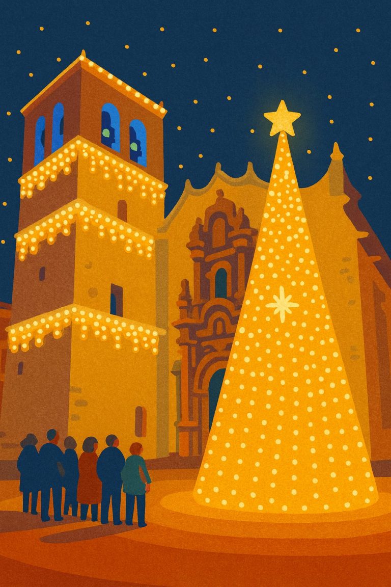 Ilustración del encendido de luces de Navidad en Vinaròs 2025, con ambiente festivo en la Plaza Parroquial.
