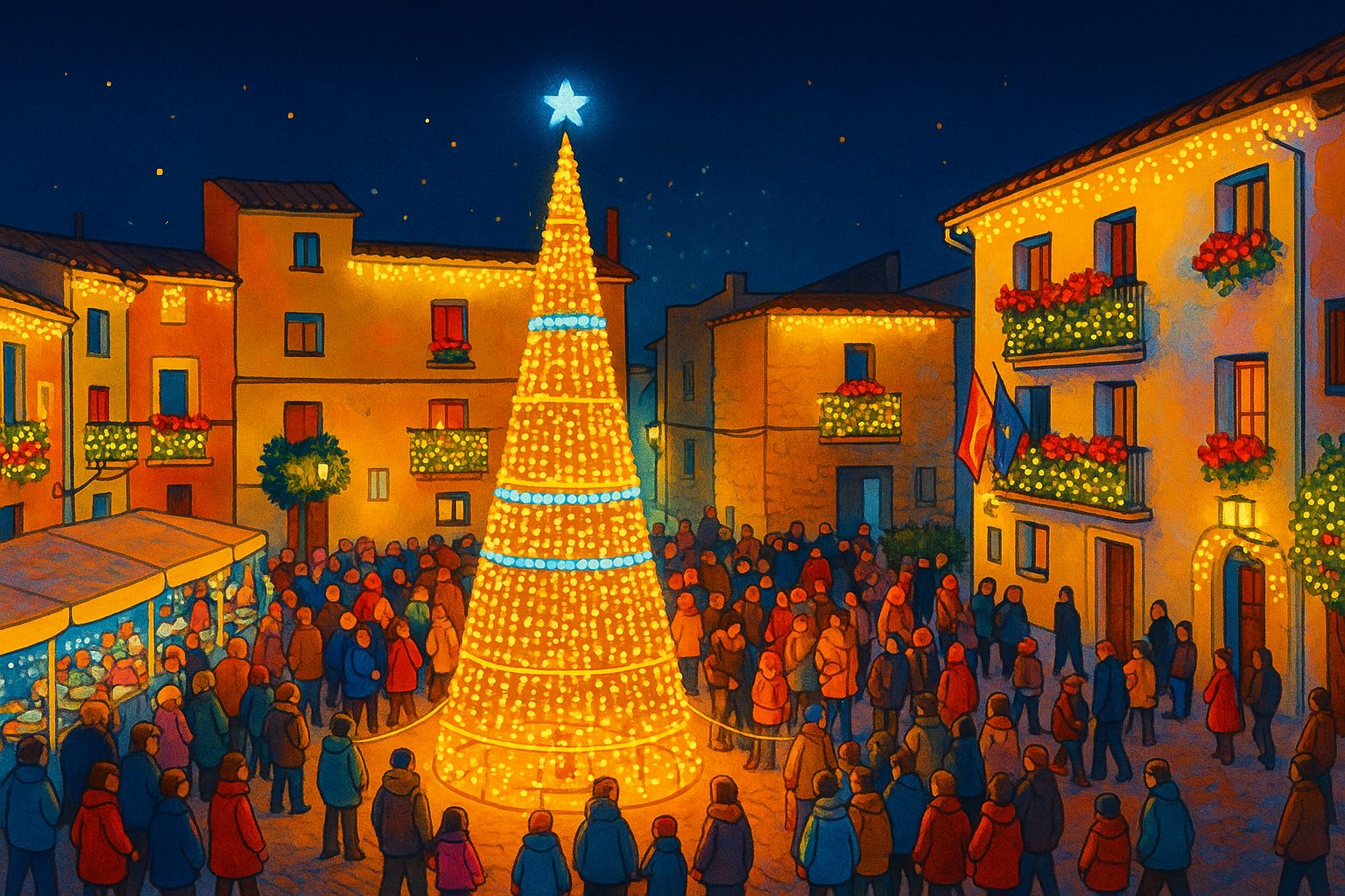 Ilustración del encendido de luces de Sant Jordi con ambiente navideño en la plaza del pueblo