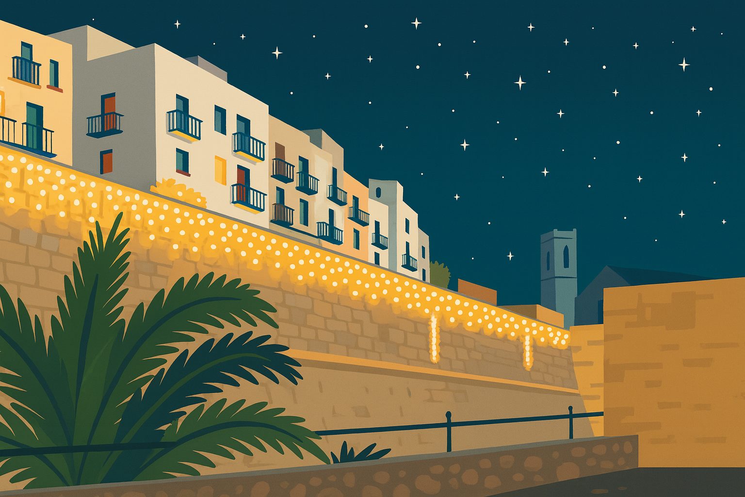 Ilustración original creada por Panorámica del Maestrat mostrando el encendido de la Navidad en Peñíscola con luces en las murallas.