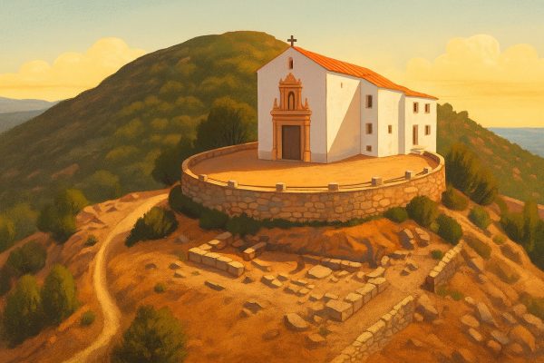 Ilustración artística de la ermita de Santa Lucía y San Benito en Alcossebre, sobre una colina con vistas al mar Mediterráneo.