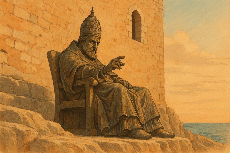 Ilustración artística en tonos cálidos del atardecer que representa la escultura de bronce del Papa Luna en Peñíscola, junto a los muros del castillo templario y con el mar Mediterráneo al fondo.