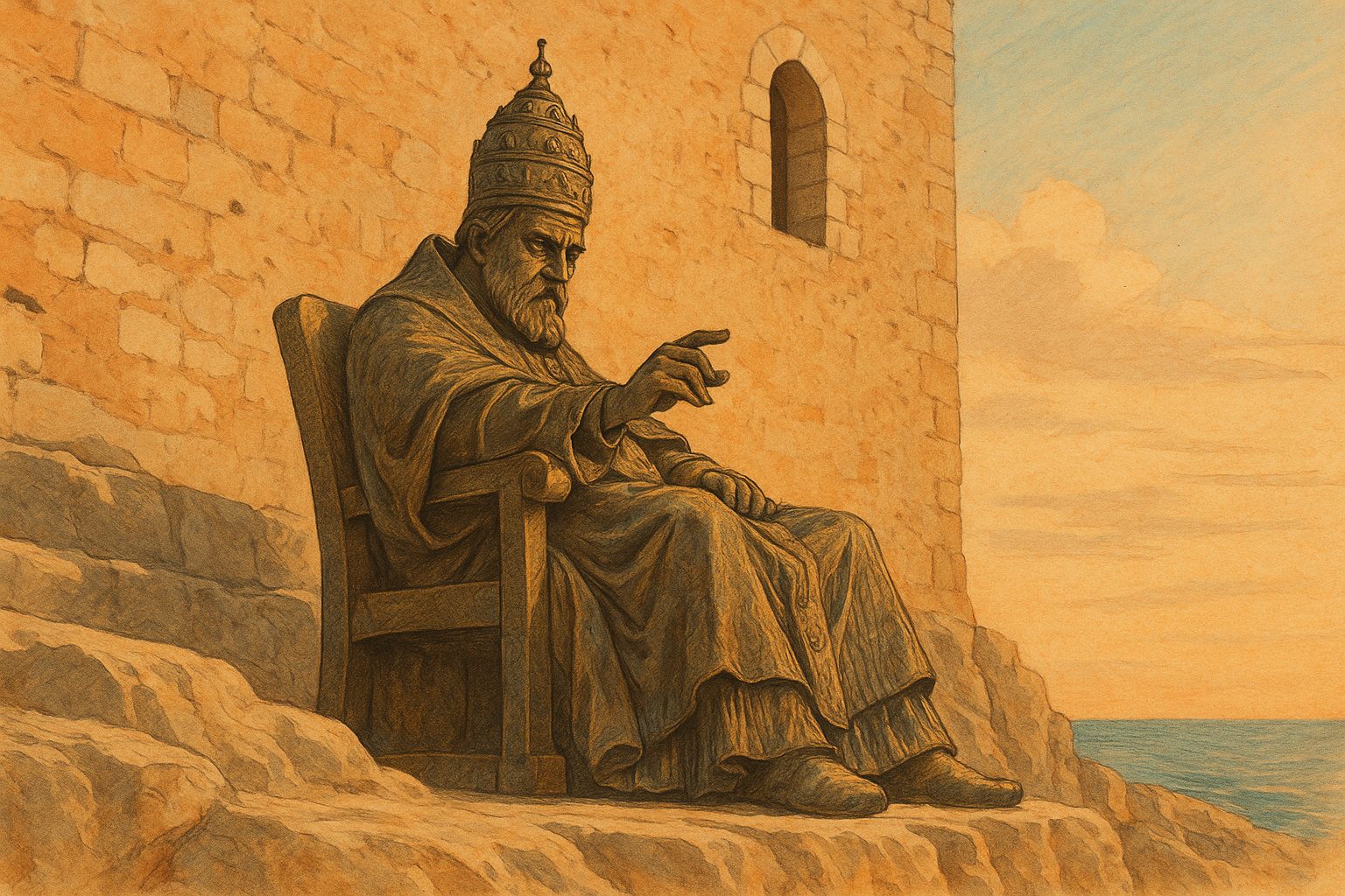 Ilustración artística en tonos cálidos del atardecer que representa la escultura de bronce del Papa Luna en Peñíscola, junto a los muros del castillo templario y con el mar Mediterráneo al fondo.