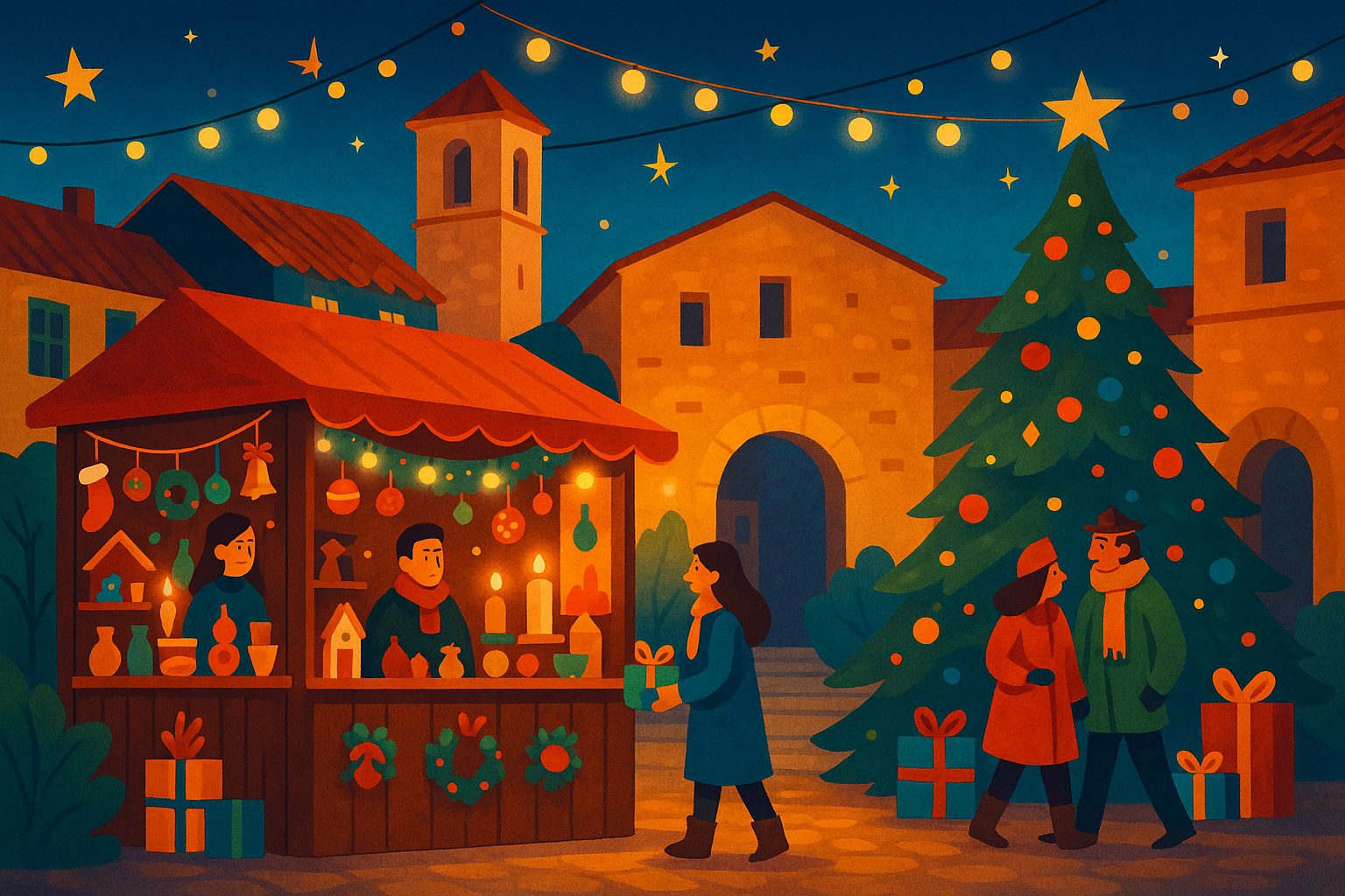 Ilustración colorida de la Feria de Navidad de Benassal 2025, con puestos artesanales, árbol navideño y ambiente festivo en la plaza del pueblo.