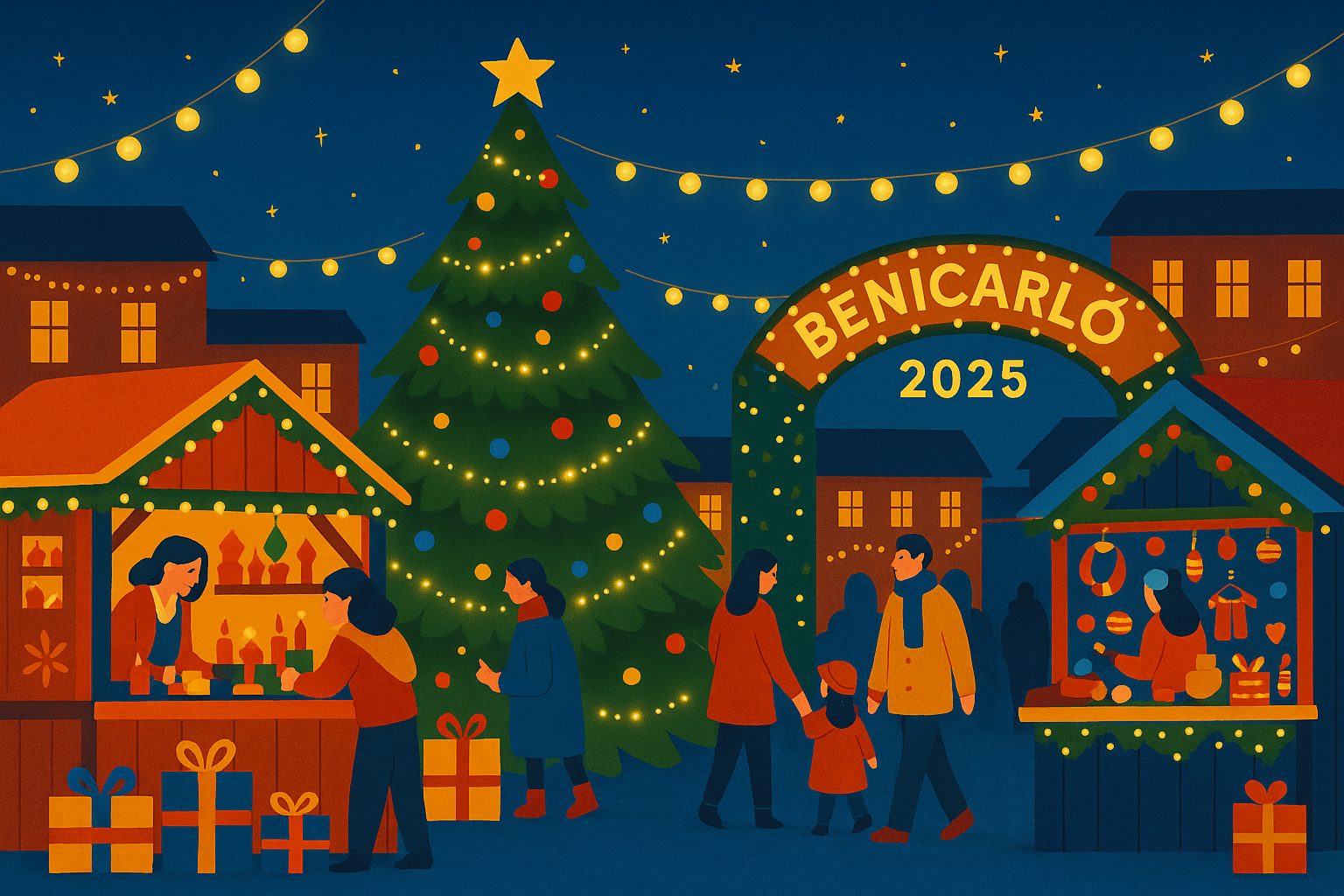 Ilustración navideña de la Feria de Navidad de Benicarló 2025, con puestos, luces y ambiente festivo.