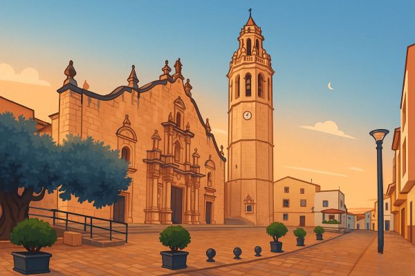 Ilustración artística de la iglesia de San Juan Bautista y su campanario en Alcalà de Xivert, con luz cálida mediterránea.