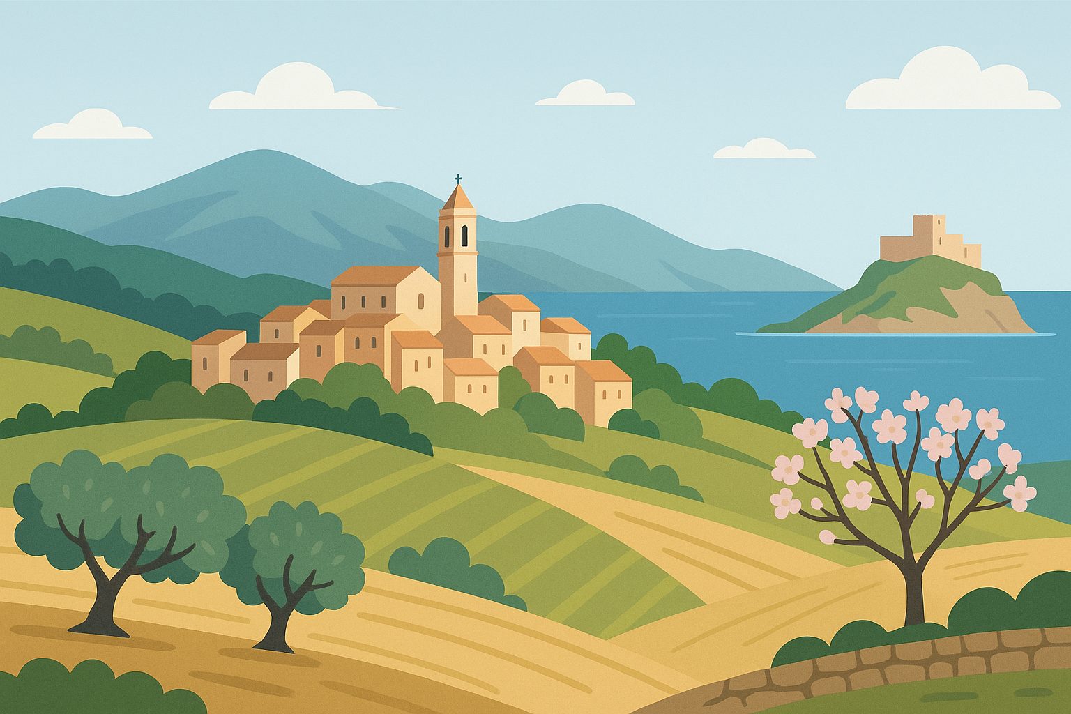 Ilustración del Maestrat en Castellón con pueblo histórico, montañas y mar Mediterráneo.