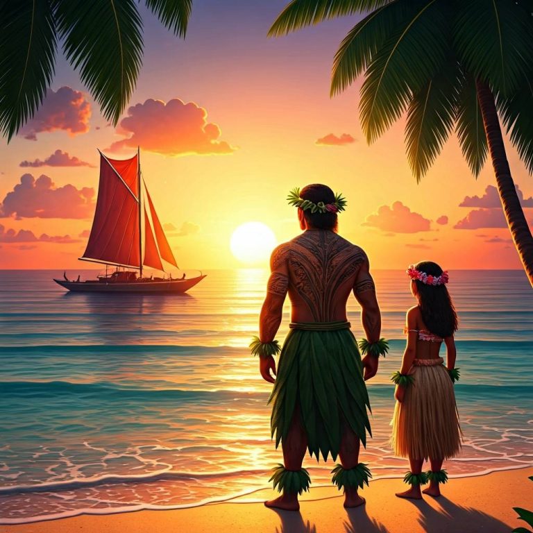 Ilustración inspirada en ambiente polinesio al atardecer, utilizada para el evento La Isla de Maui Benicarló 2025.