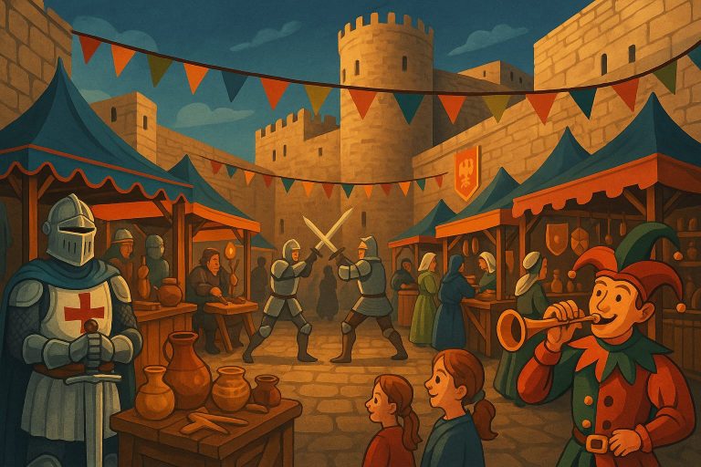Ilustración del mercado medieval de Peñíscola con puestos artesanales, caballeros, juglares y murallas iluminadas.