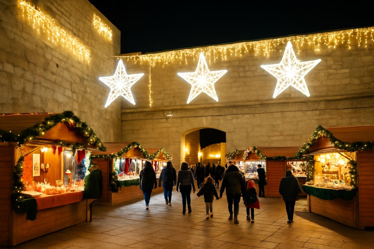 Puestos del mercado de Navidad en Peñíscola iluminados junto a las murallas, con estrellas decorativas y ambiente festivo.