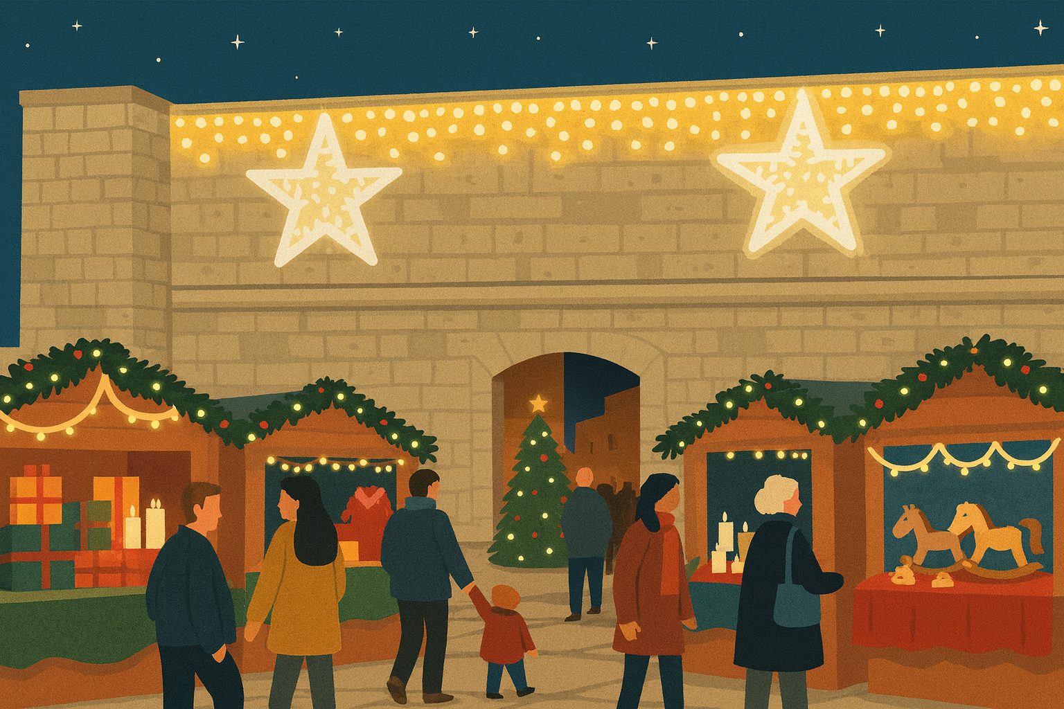 Ilustración del mercado de Navidad en Peñíscola con puestos artesanales, luces y las murallas iluminadas.