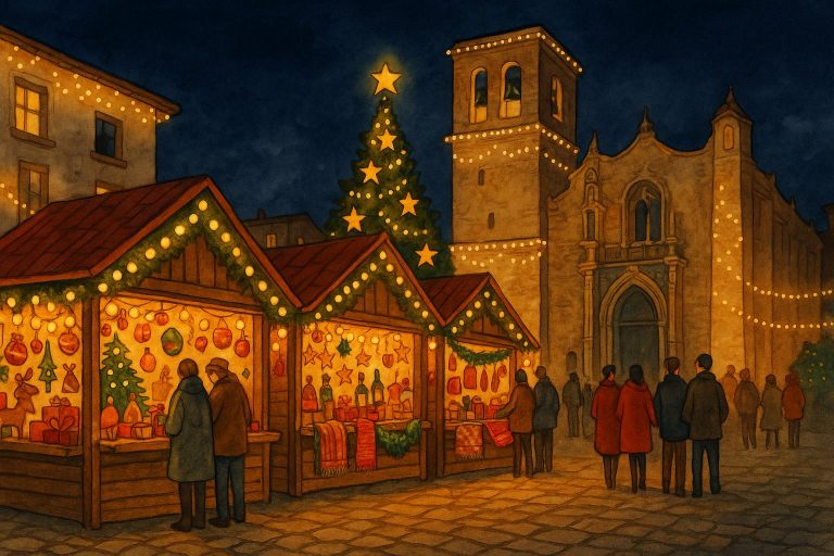 Mercado de Navidad de Vinaròs iluminado, con casetas de madera, árbol navideño y ambiente festivo nocturno, ilustración digital.