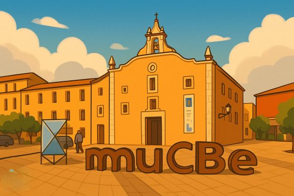 Ilustración digital del MUCBE de Benicarló, fachada amarilla con el cartel en primer plano y cielo azul