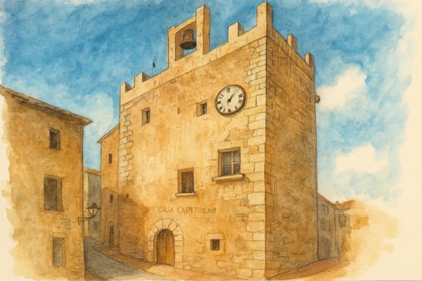 Ilustración generada digitalmente de la Torre de Cálig, inspirada en la torre medieval original del Bajo Maestrat.