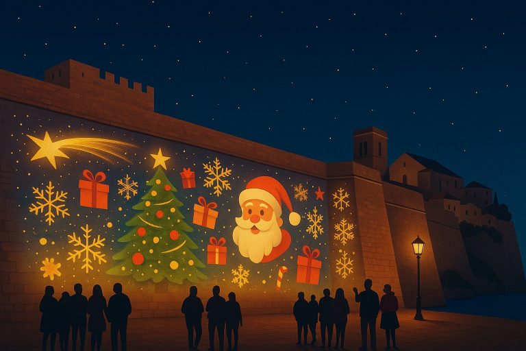 Ilustración del videomapping de Navidad en Peñíscola proyectado sobre las murallas, con diseños navideños y público observando el espectáculo.