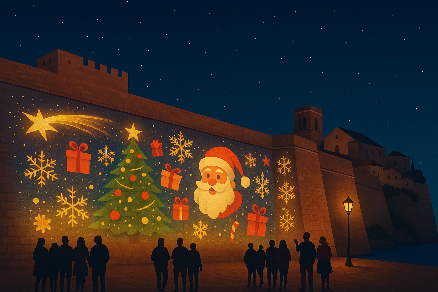 Ilustración del videomapping de Navidad en Peñíscola proyectado sobre las murallas, con diseños navideños y público observando el espectáculo.