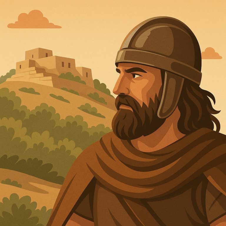 Ilustración de guerrero íbero con el poblado del Puig de la Nau al fondo para el evento cultural en Benicarló