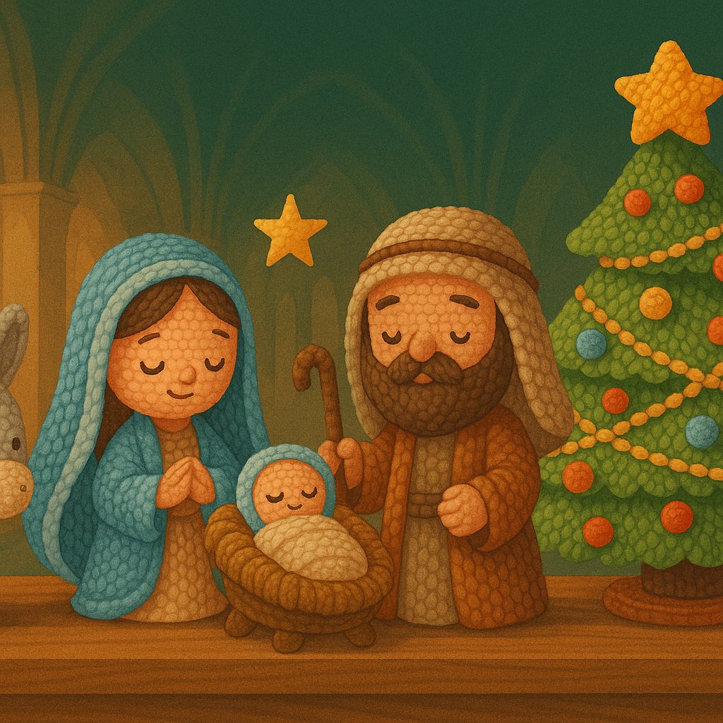 lustración de un belén de crochet con figuras tejidas a mano y árbol navideño, inspirado en la exposición de Sant Mateu.