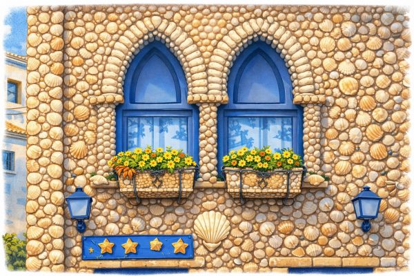 Ilustración de la Casa de las Conchas de Peñíscola, fachada decorada con conchas marinas en el casco antiguo