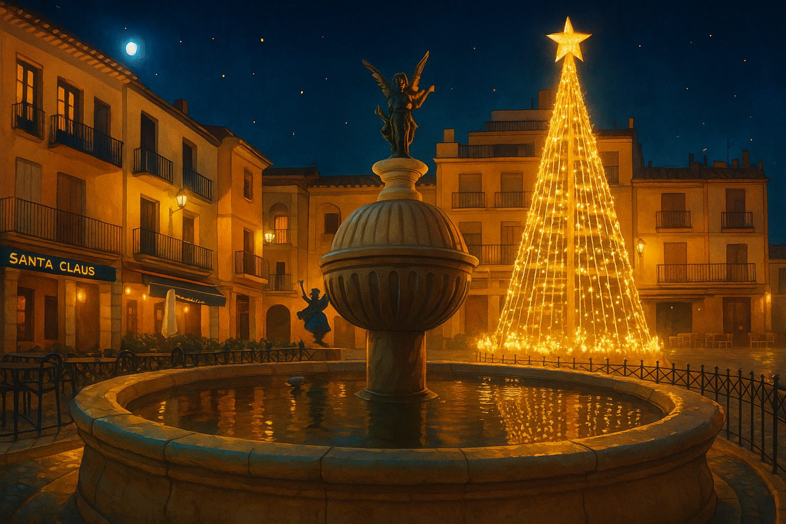 Ilustración navideña de la Plaza Mayor de Sant Mateu con la fuente y el árbol iluminado durante la Navidad.