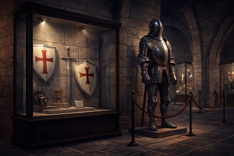 Ilustración generada que representa una sala museística medieval con armaduras y vitrinas, inspirada en la Exposición Visual de las Órdenes Militares del Maestrat en Sant Mateu.