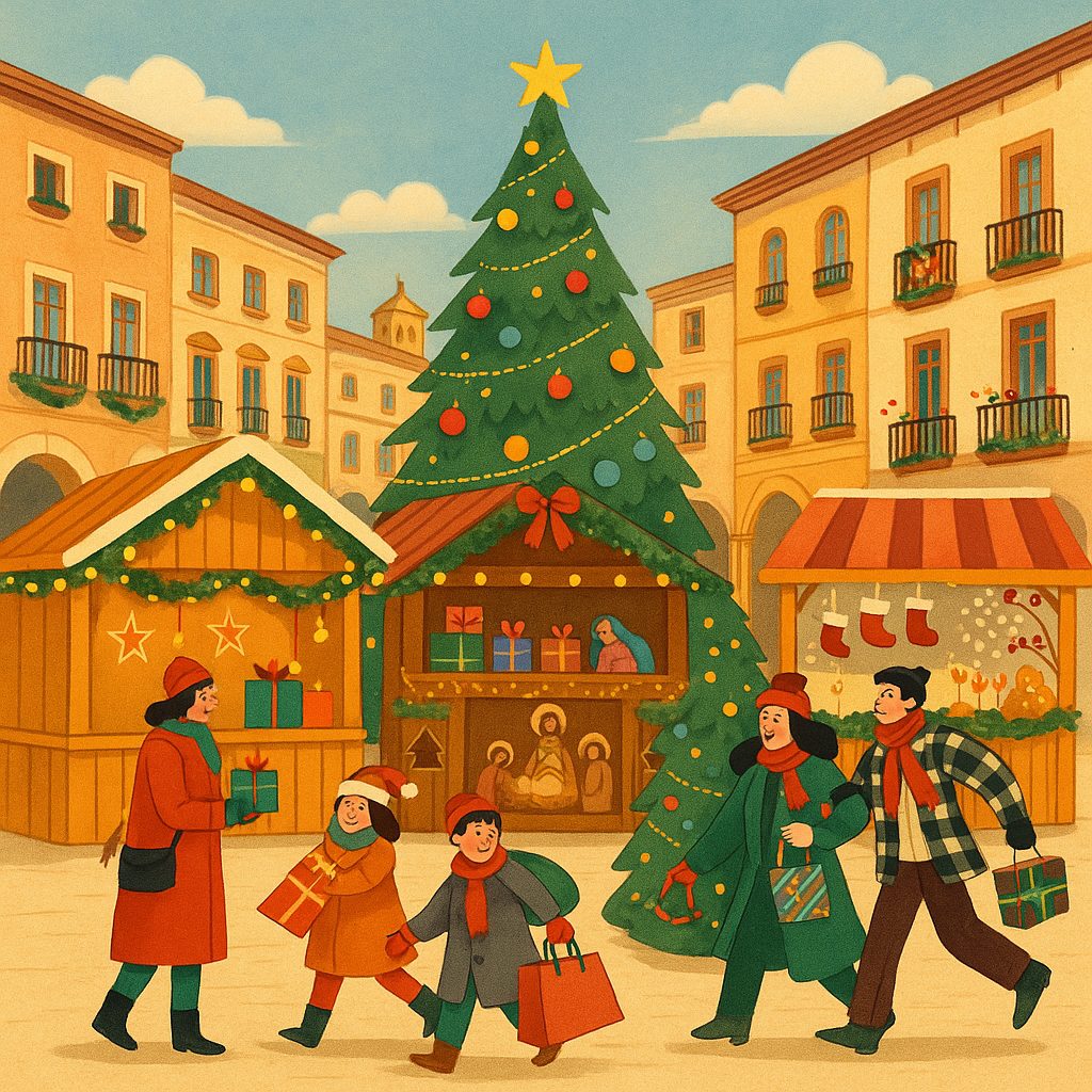 Ilustración de la Feria de Navidad de Càlig con casetas artesanales y ambiente festivo