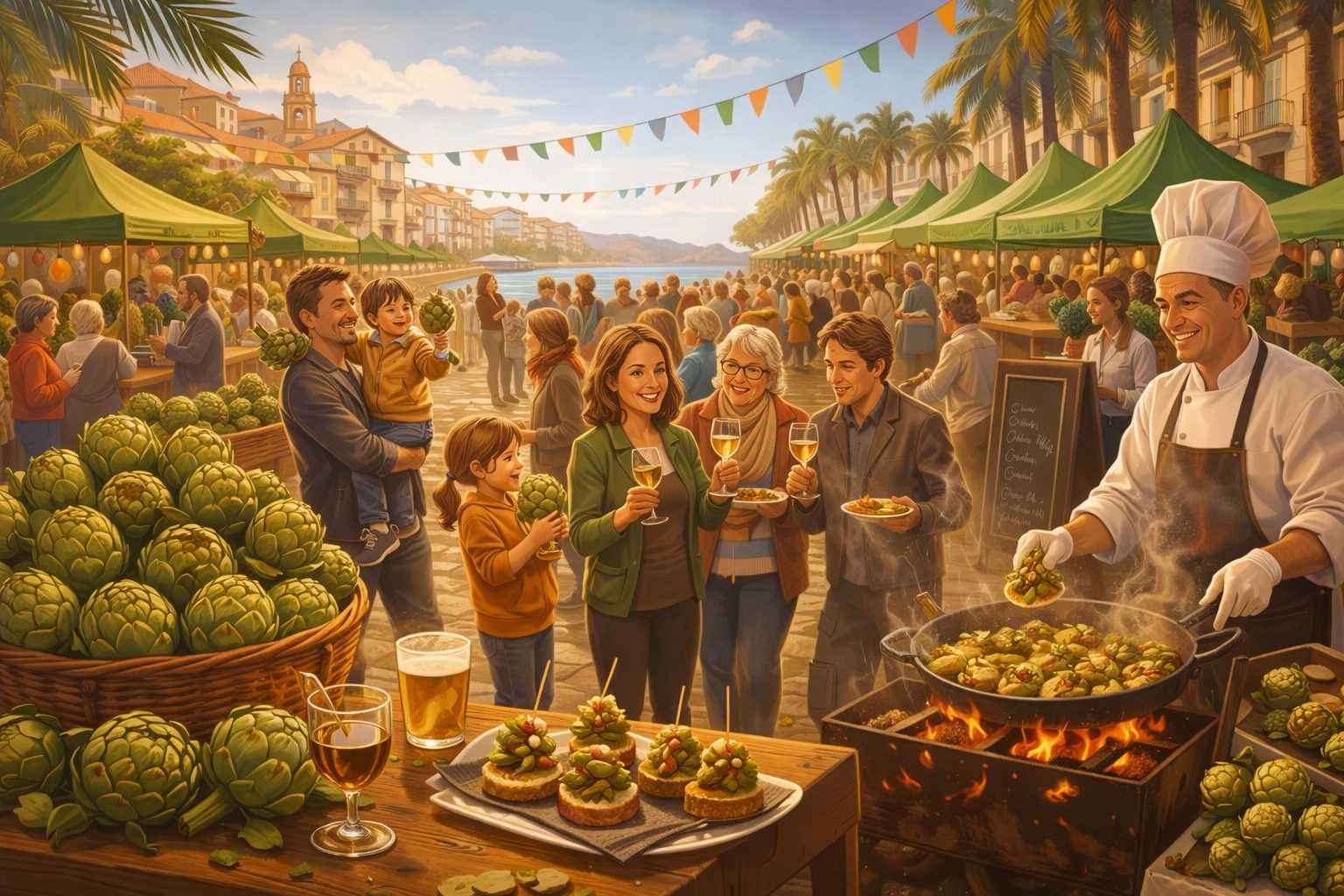Ilustración de la Fiesta de la Alcachofa de Benicarló con mercado gastronómico, pinchos y ambiente festivo