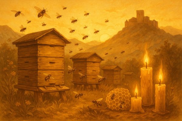 Ilustración artística en tonos dorados que representa colmenas medievales en las montañas del Maestrat, con abejas, panales y velas encendidas bajo la luz cálida del atardecer.