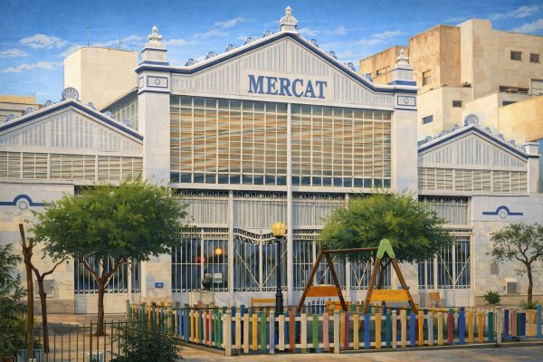 Ilustración del Mercado Municipal de Vinaròs, edificio histórico de arquitectura del hierro de principios del siglo XX
