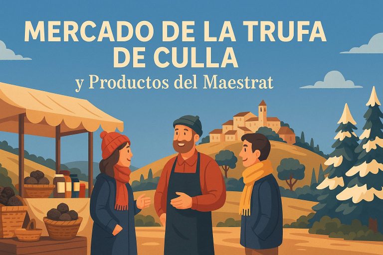 Ilustración generada del Mercado de la Trufa de Culla con puestos de trufa, ambiente rural y el pueblo de Culla al fondo