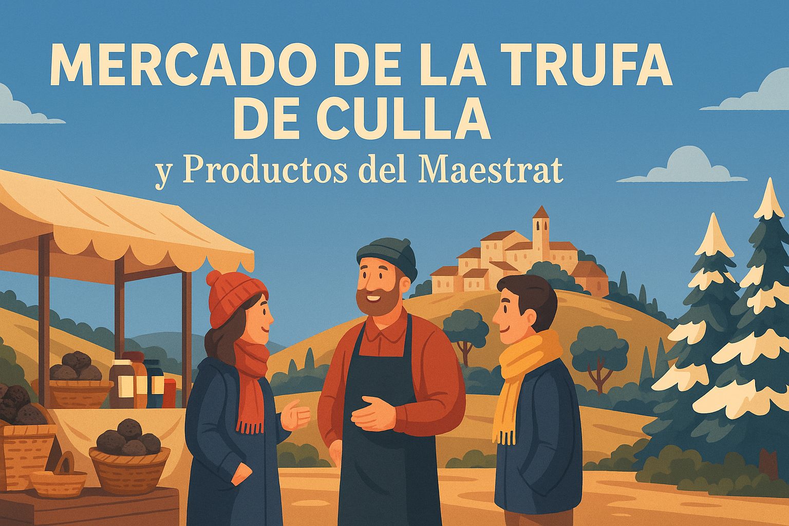 Ilustración generada del Mercado de la Trufa de Culla con puestos de trufa, ambiente rural y el pueblo de Culla al fondo