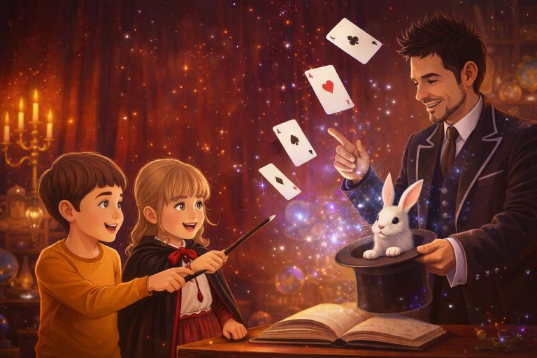 Ilustración de un taller de magia para niños en Peñíscola, con cartas, trucos y un ambiente mágico familiar