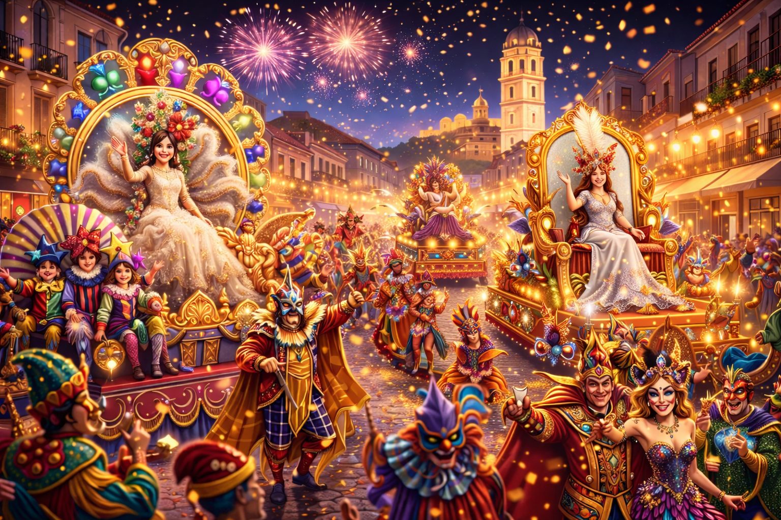 Ilustración artística del desfile nocturno del Carnaval de Alcalà de Xivert con comparsas y carrozas avanzando por las calles del municipio