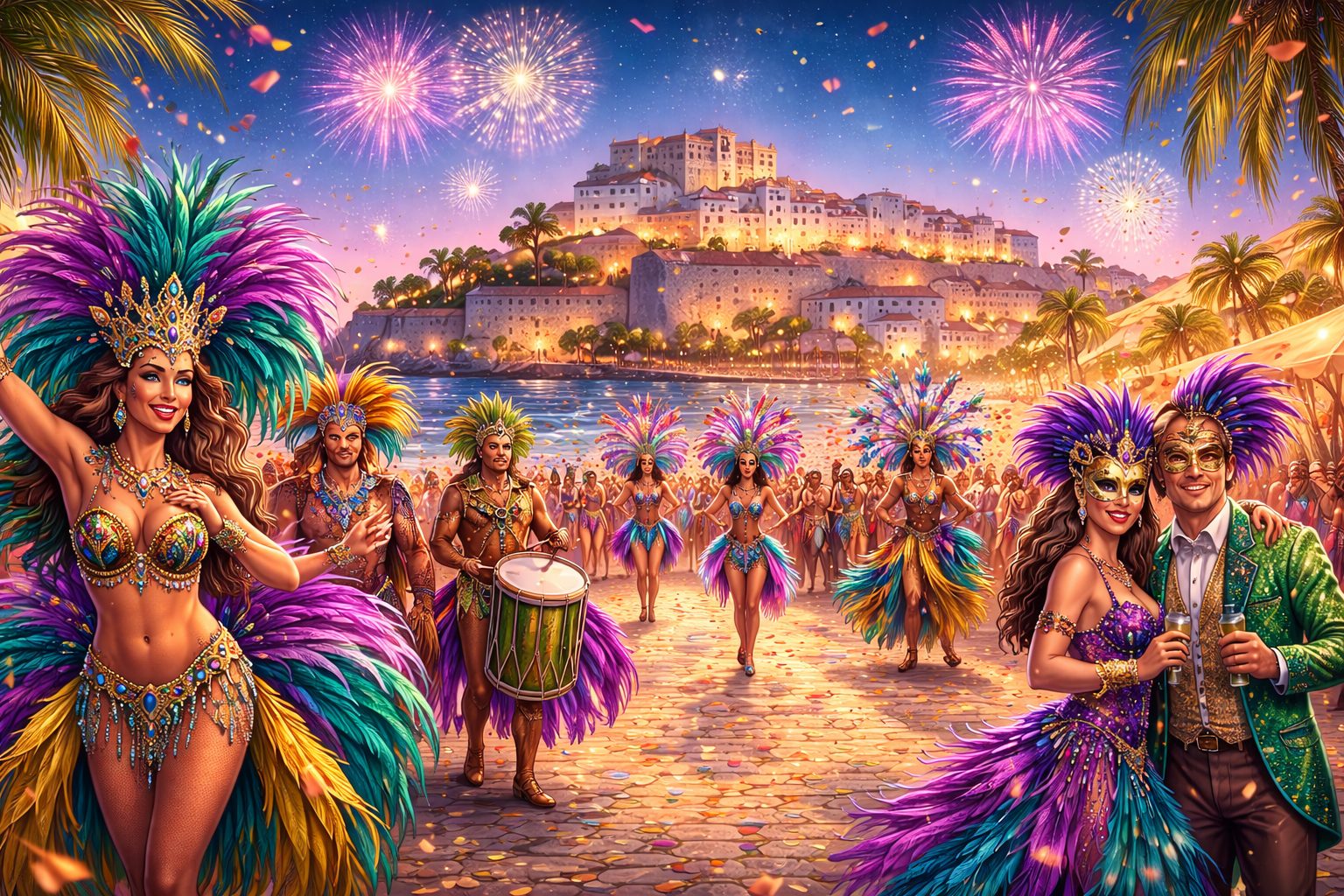Ilustración del Carnaval de Peñíscola con desfile de disfraces y el castillo iluminado al fondo