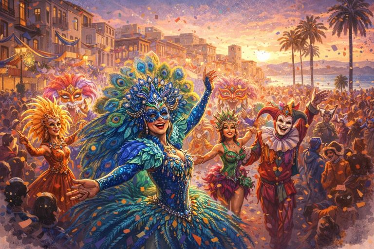 Ilustración de los Carnavales de Vinaroz con desfile, disfraces y ambiente festivo en la ciudad