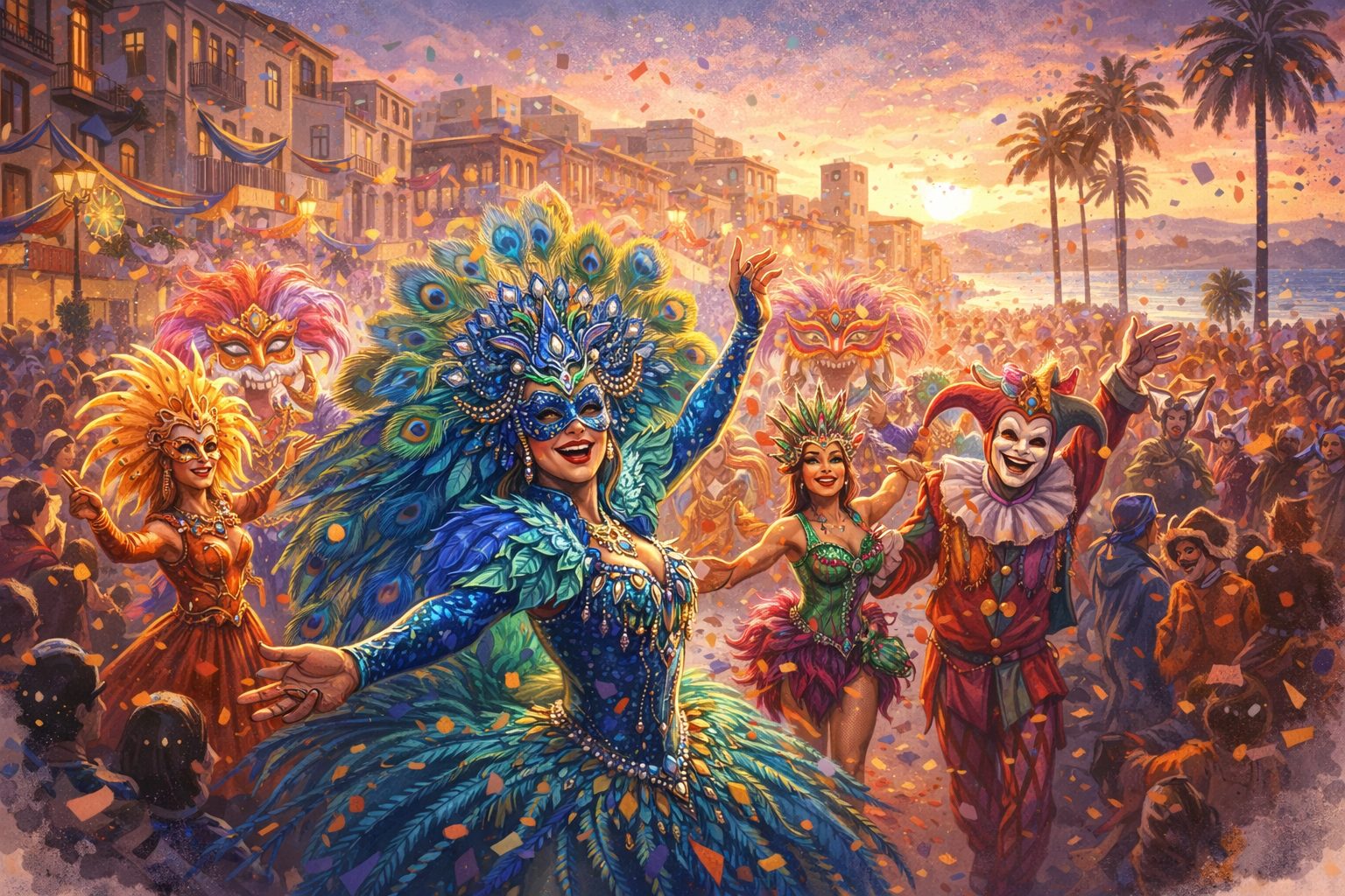 Ilustración de los Carnavales de Vinaroz con desfile, disfraces y ambiente festivo en la ciudad