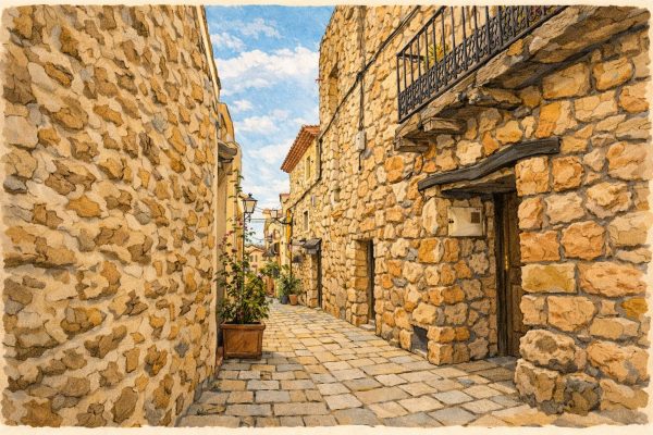 Calles del casco antiguo de Cervera del Maestre, ilustración de arquitectura tradicional de piedra en el Baix Maestrat