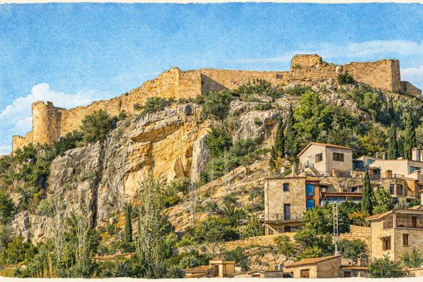 Ilustración del Castillo de Cervera del Maestrat sobre un promontorio rocoso del Bajo Maestrat
