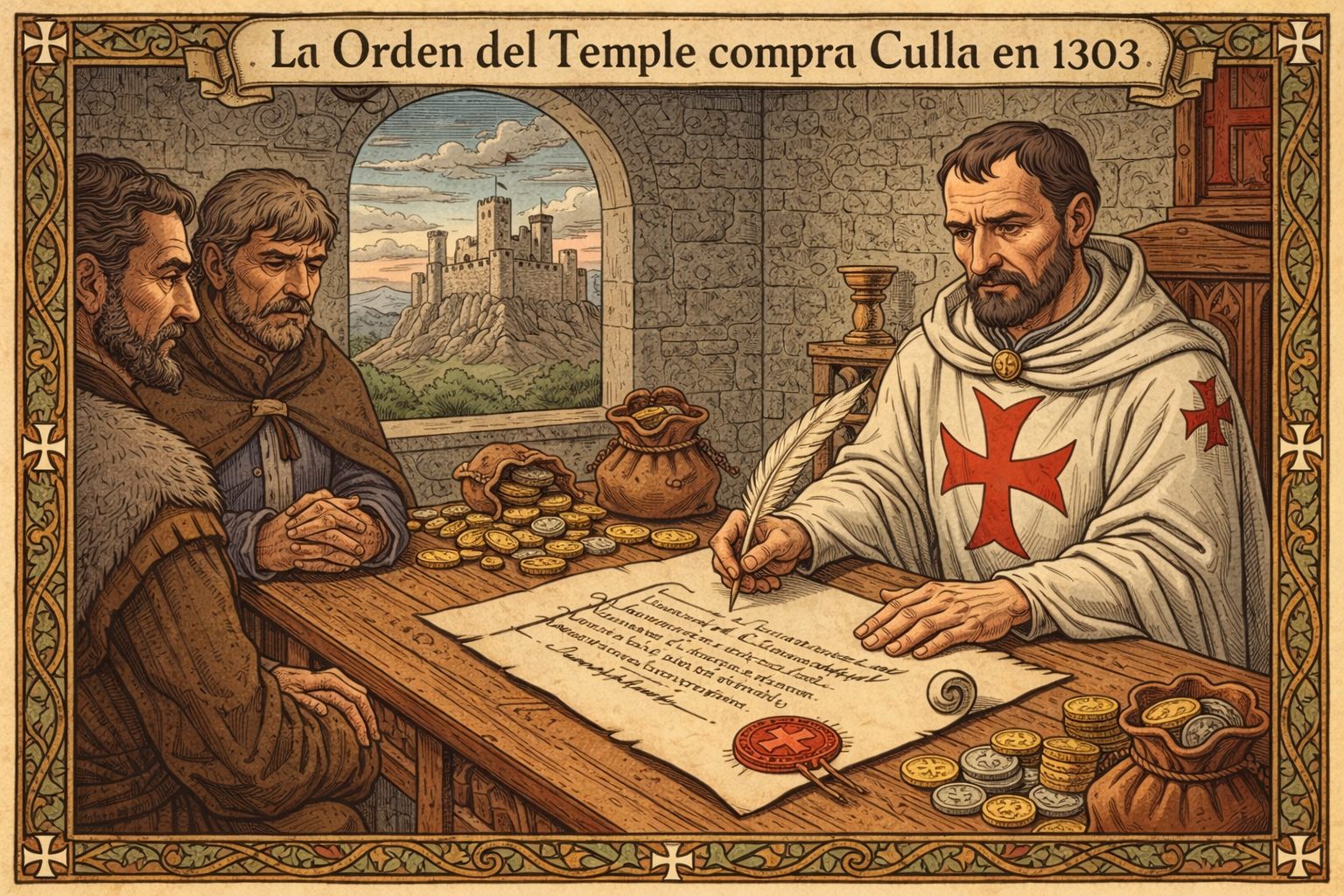 Compra templaria de Culla en 1303 ilustrada con un templario firmando el acuerdo y monedas medievales sobre la mesa.