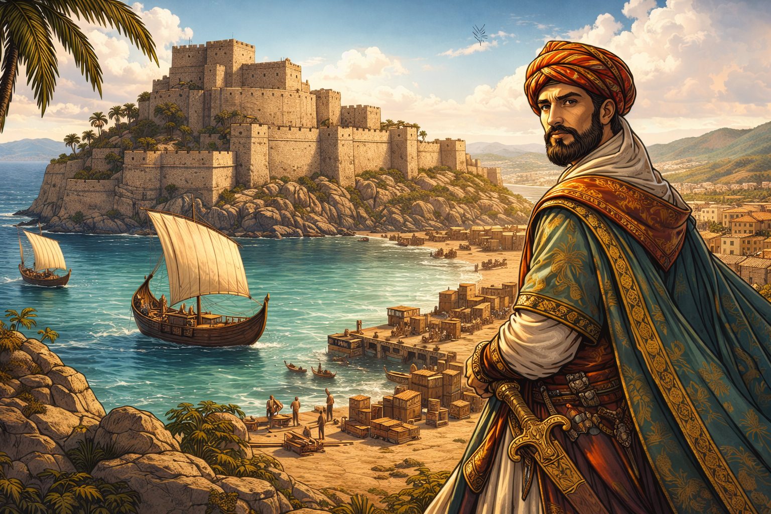 Ilustración del Rey Lobo observando la alcazaba medieval de Peñíscola y el Mediterráneo