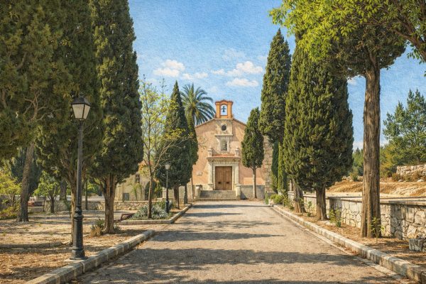 Ilustración de la ermita de la Virgen del Socorro de Càlig, rodeada de cipreses y paisaje rural del Maestrat