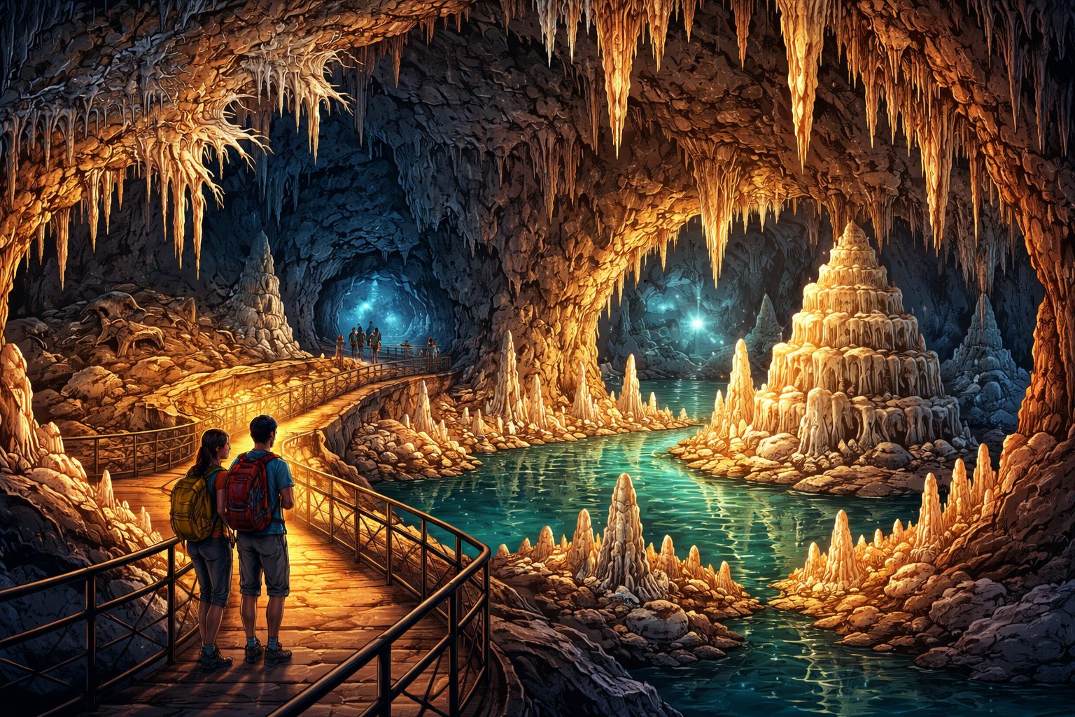 Exploración subterránea en las Grutas de Cristal de Molinos, Teruel, con estalactitas excéntricas y formaciones brillantes en un paisaje subterráneo mágico.
