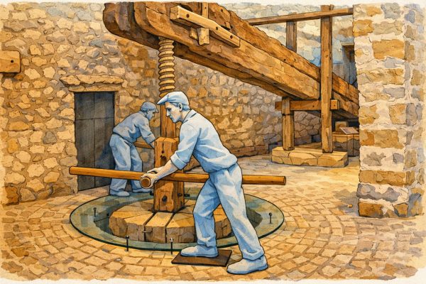 Ilustración del centro de interpretación del aceite de Cervera del Maestrat con una antigua prensa tradicional