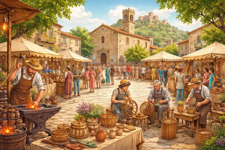 Ilustración de la Muestra de Oficios Tradicionales de Sant Jordi con artesanos trabajando en la plaza del pueblo