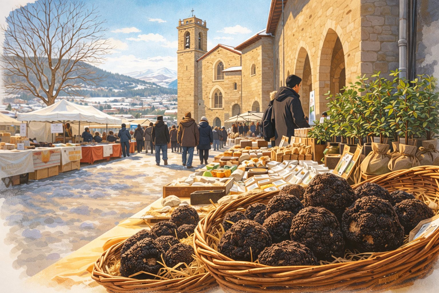 Ilustración de la Muestra de la Trufa Negra en Catí con mercado de invierno y productos del Alto Maestrat