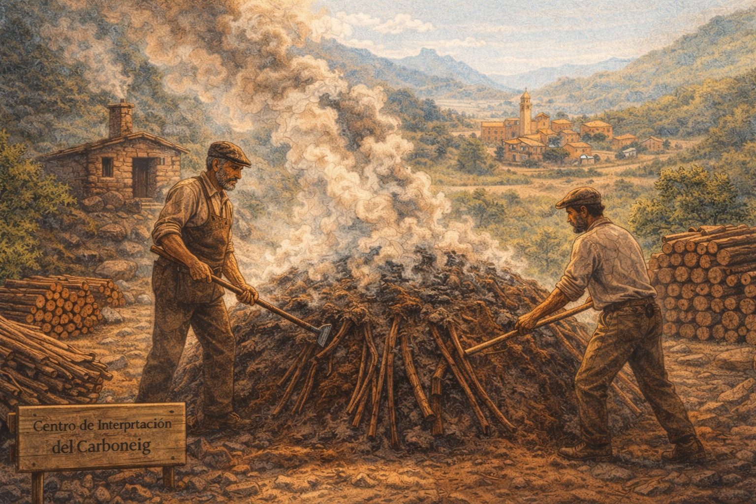 Ilustración del proceso tradicional de producción de carbón vegetal en Vallibona, con carboneros trabajando la leña en el monte