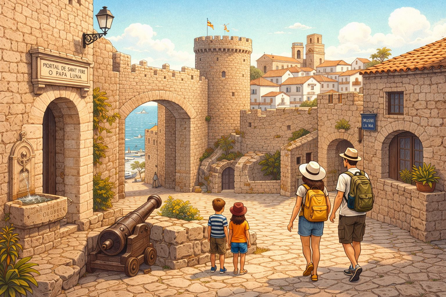 Ilustración del casco histórico de Peñíscola entre el mar y las murallas, con recorrido familiar por la ciudad amurallada