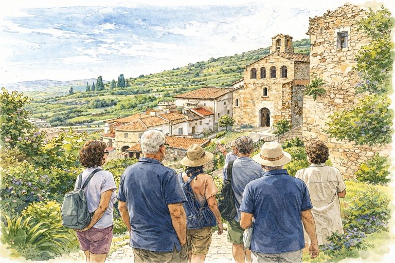 Ilustración del casco urbano de Xert durante un recorrido cultural por el pueblo